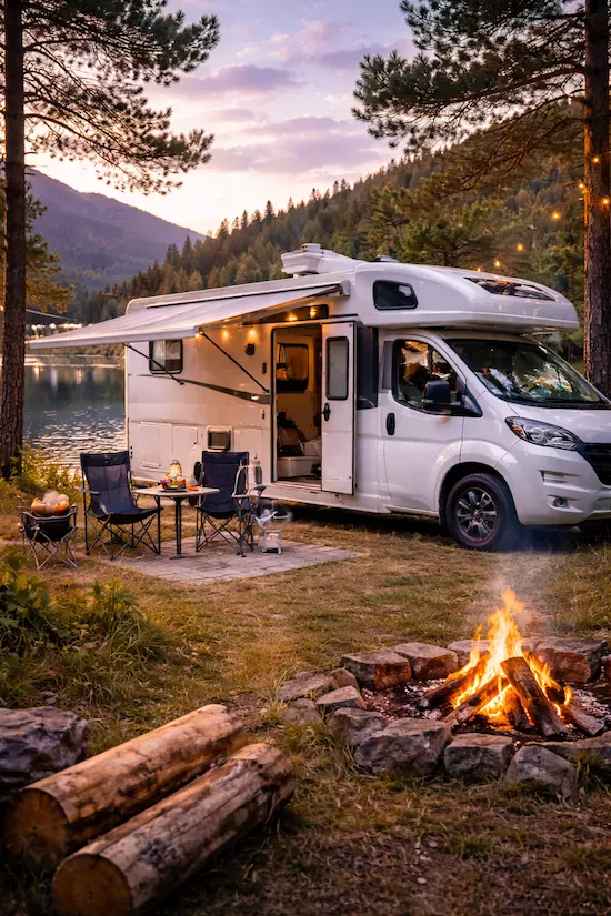 Husbil parkerad i naturskön miljö under semester – kvällssol, grill, lägereld och avkoppling vid sjö med skogsklädda berg i bakgrunden